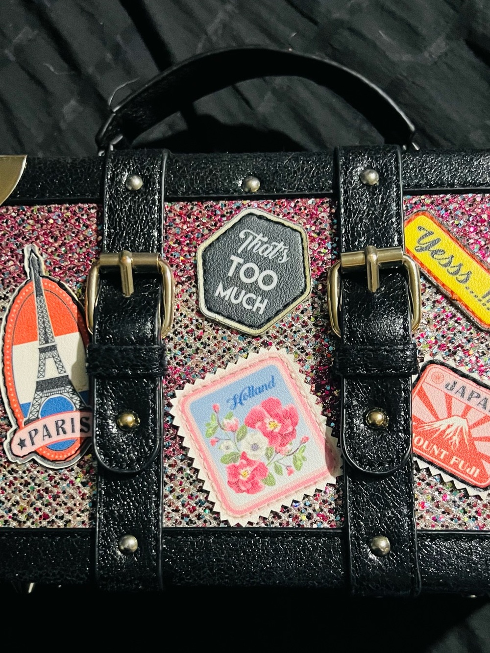 Aldo Black and Pink Glitter Travel Patch Box Bag with Multicolor Patches